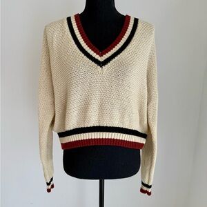 Vintage Charlotte Russe Crop V-Neck Sweater with Maroon  and Black Stripes